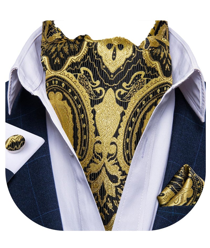 DiBanGu Black Gold Ascot Ties for Men Cravat Tie and Pocket Square Set Jacquard Silk Ascot Paisley Cravat for Men - Image 1